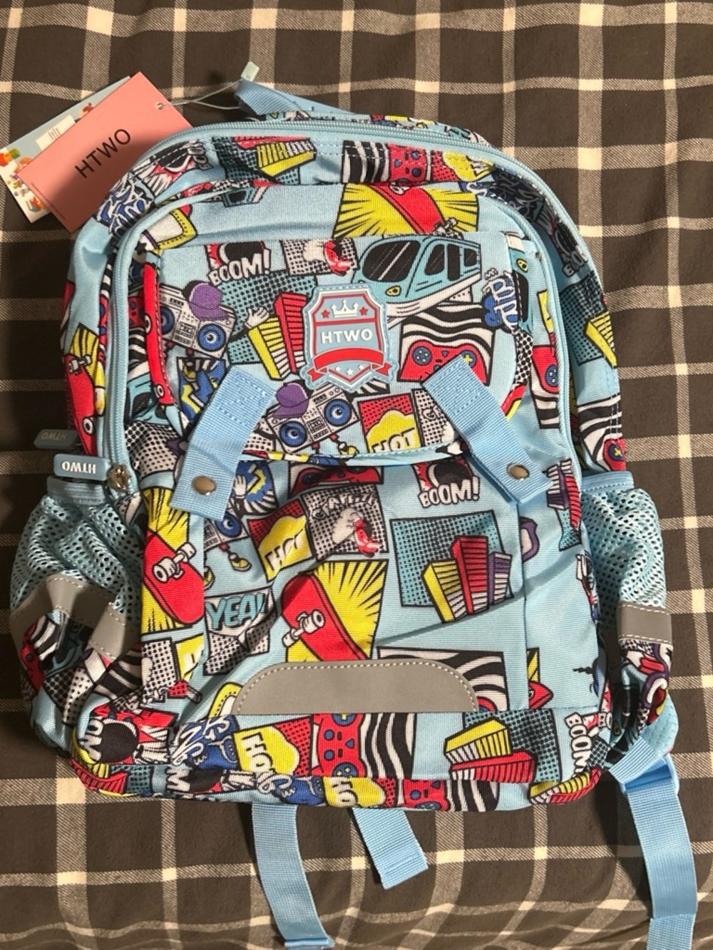 Light Blue Kids Backpack with Colorful Comic Print